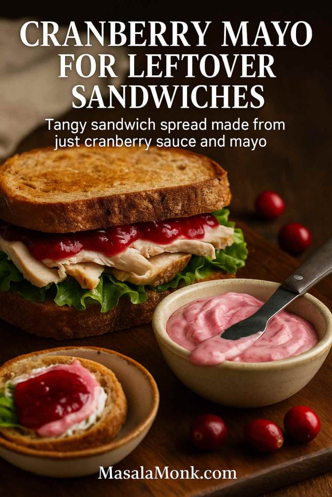 Turkey sandwich on rustic toasted bread with cranberry mayo and lettuce, served beside a small bowl of pink cranberry mayonnaise and fresh cranberries on a wooden board.