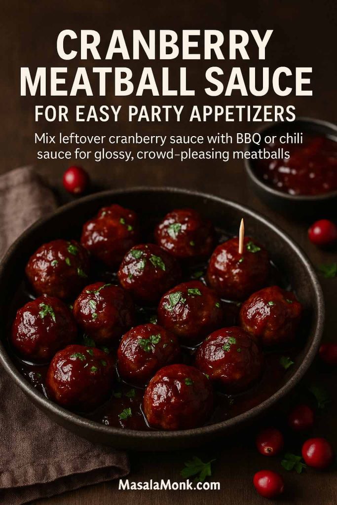Skillet of meatballs glazed in glossy cranberry sauce, garnished with parsley and surrounded by fresh cranberries, with text reading “Cranberry Meatball Sauce for Easy Party Appetizers.”