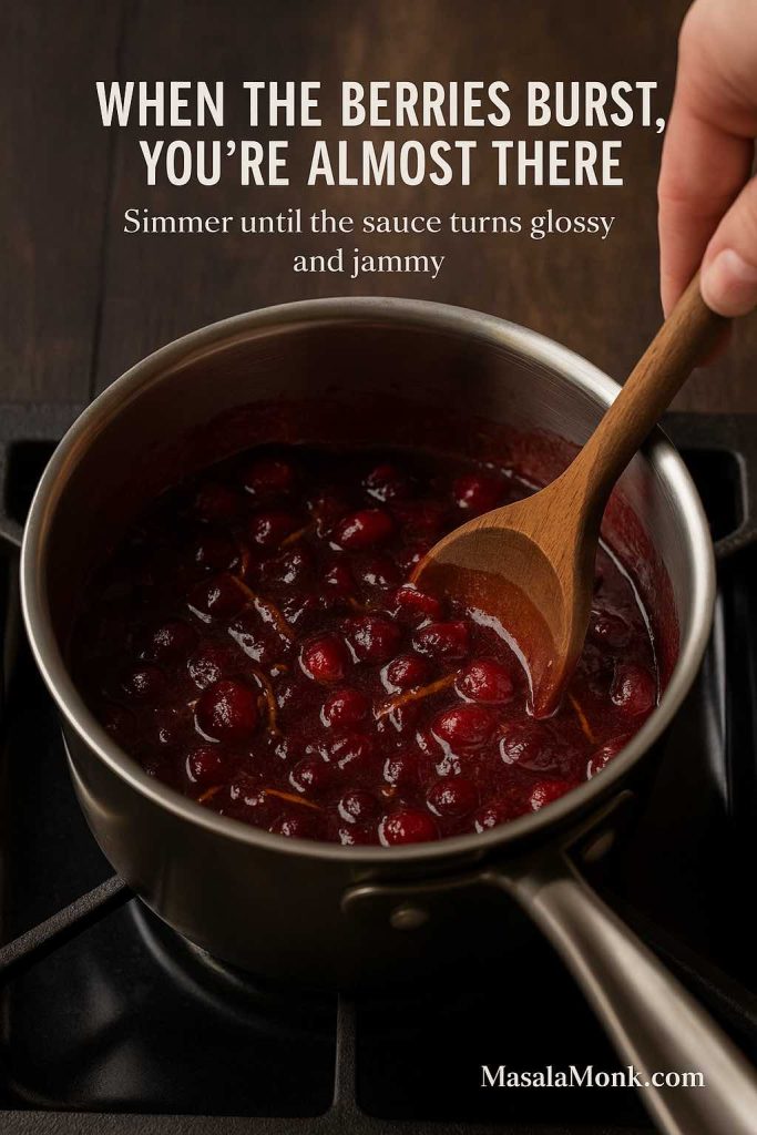 Cranberry orange sauce simmering in a saucepan, with cranberries bursting and a hand stirring the glossy, jammy mixture with a wooden spoon.