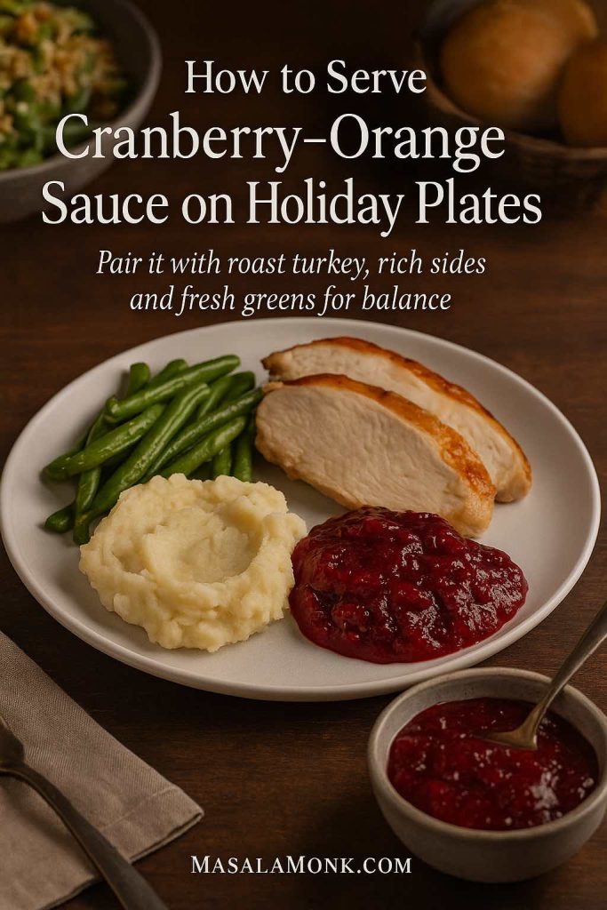 Holiday dinner plate with roast turkey, mashed potatoes, green beans and a generous spoonful of cranberry orange sauce, with extra sauce in a small bowl on a wooden table.