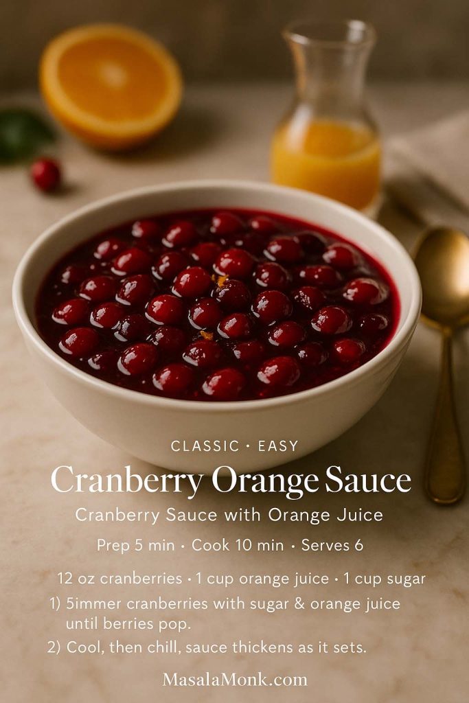 Glossy cranberry orange sauce in a white bowl, styled with orange juice and gold spoon on a marble surface, with an elegant text overlay mini recipe card for classic cranberry sauce with orange juice from MasalaMonk.com.