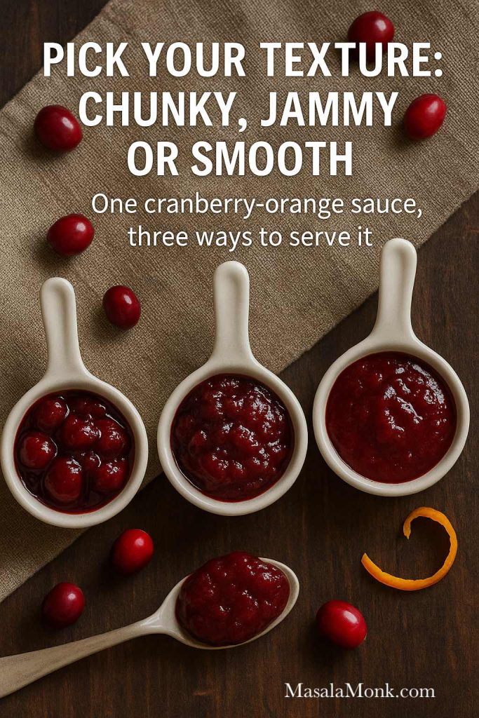 Overhead photo of three ceramic spoons filled with chunky, jammy and smooth cranberry orange sauce on a wooden table with fresh cranberries and orange zest.