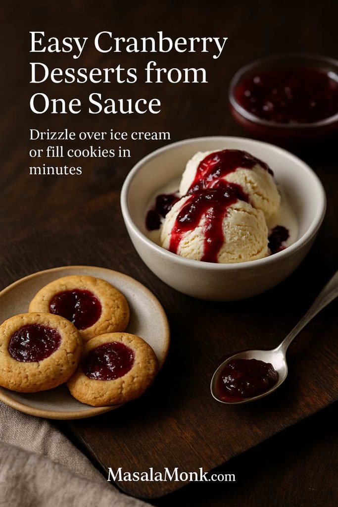 Bowl of vanilla ice cream drizzled with cranberry sauce and a plate of thumbprint cookies filled with cranberry jam, styled together on a wooden table as easy desserts made from leftover cranberry sauce.