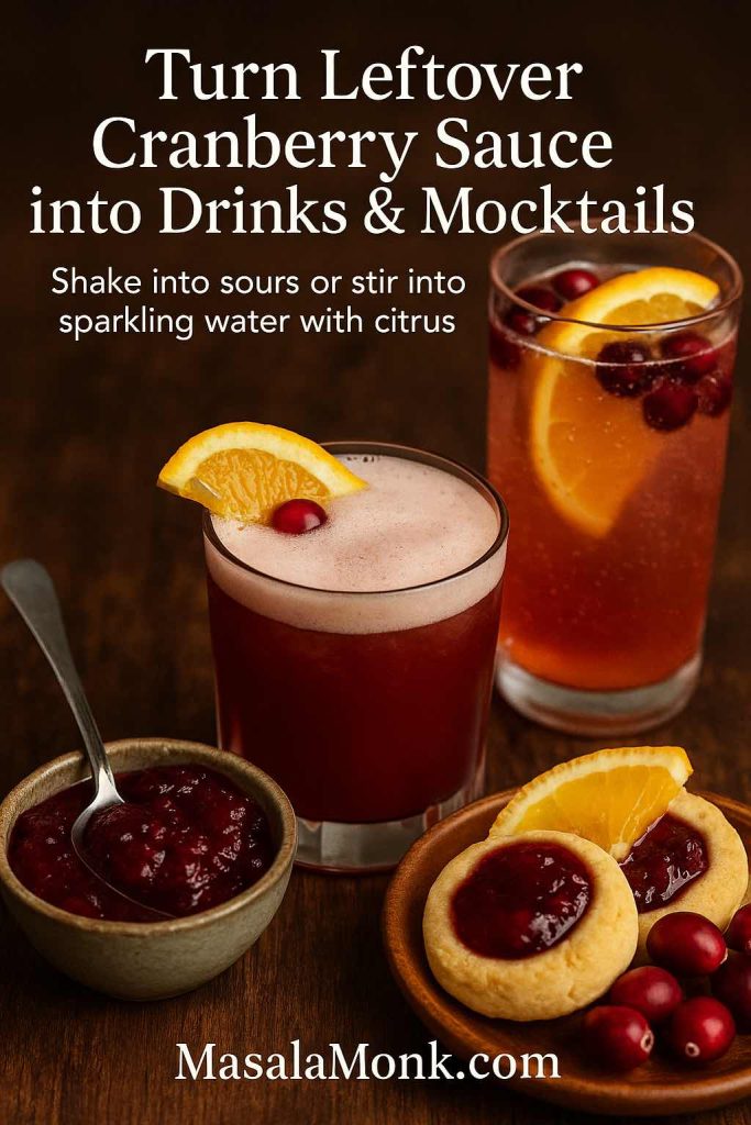Two cranberry drinks on a wooden table, one a whiskey sour–style cocktail with foam and orange slice and one a sparkling mocktail with cranberries and citrus, with a small bowl of cranberry sauce in front and text about turning leftover cranberry sauce into drinks and mocktails.