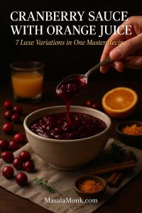 Luxe magazine-style portrait image of a hand spooning homemade cranberry sauce with orange juice into a ceramic bowl, surrounded by fresh cranberries, orange halves, orange zest and cinnamon sticks on a dark wooden table, MasalaMonk food photography.
