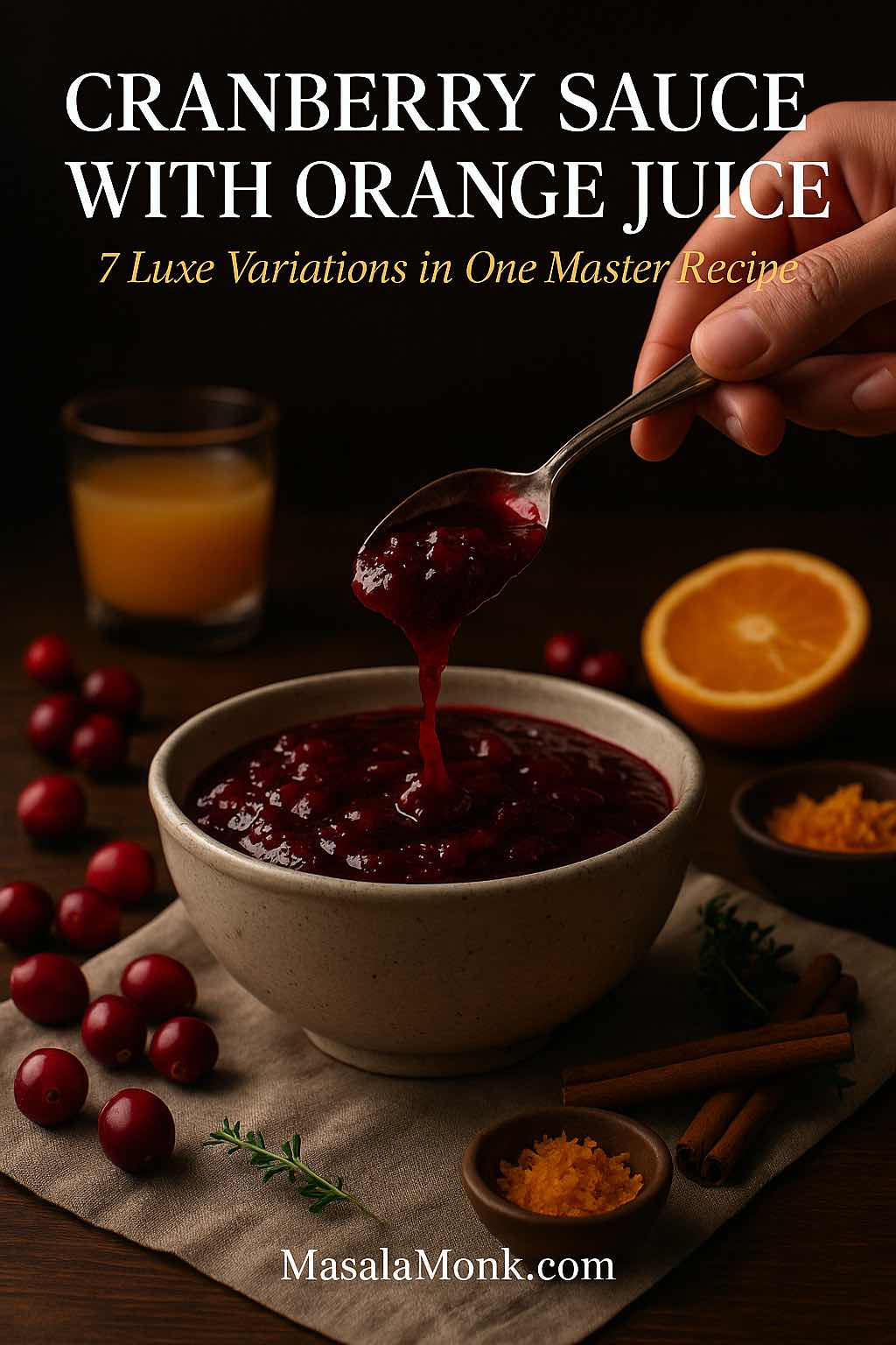 Luxe magazine-style portrait image of a hand spooning homemade cranberry sauce with orange juice into a ceramic bowl, surrounded by fresh cranberries, orange halves, orange zest and cinnamon sticks on a dark wooden table, MasalaMonk food photography.