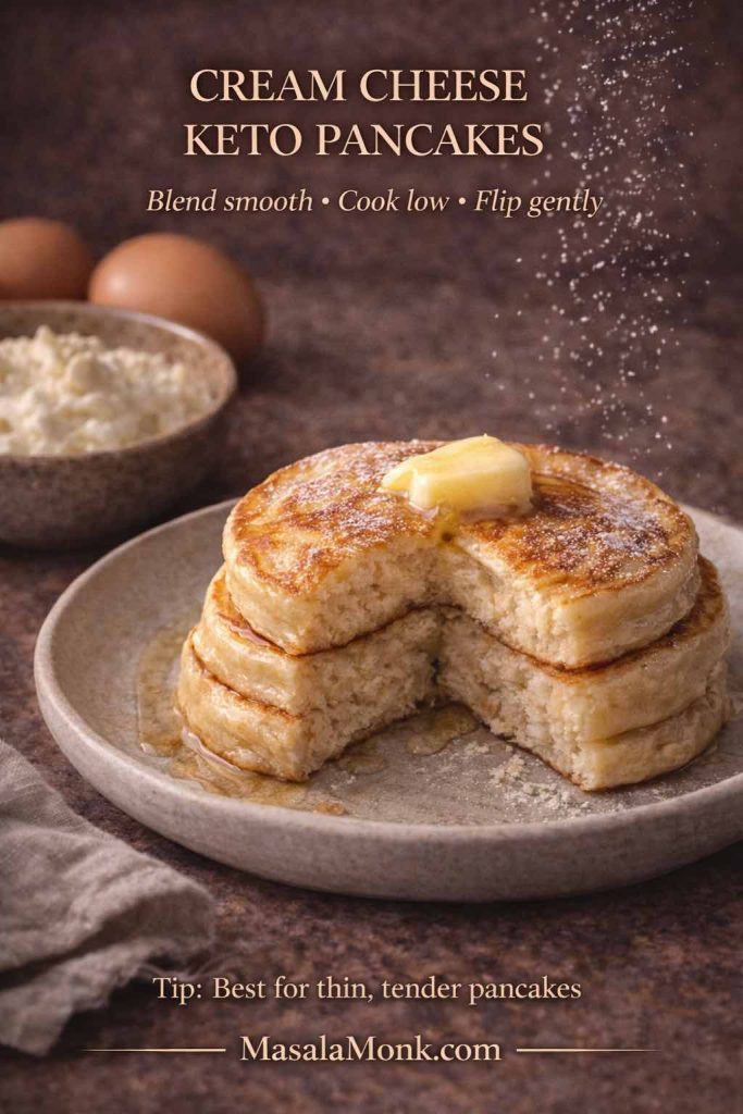 Cream cheese keto pancakes on a plate with a bite missing to show a tender interior, topped with butter and a light dusting, with text tips to blend smooth, cook low, and flip gently.