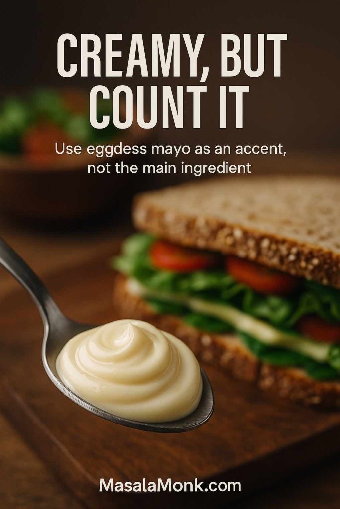 Spoonful of eggless mayo in sharp focus with a wholegrain sandwich and salad in the background, illustrating that egg free mayonnaise should be used in small portions alongside fibre-rich foods.