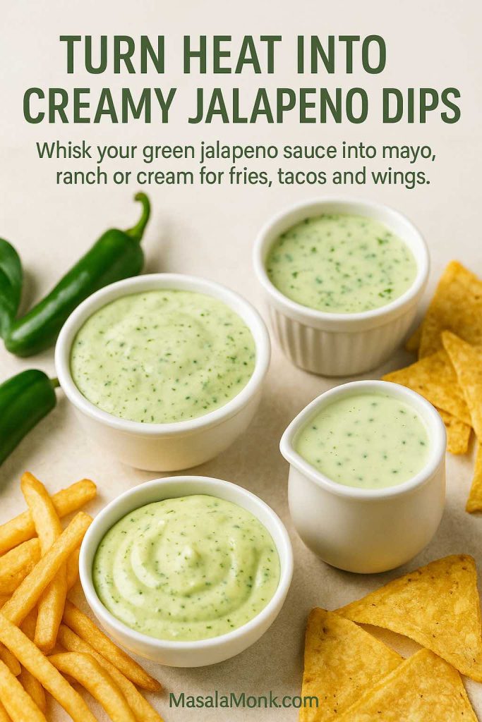 Three creamy green jalapeno sauces in white bowls, served with fries, tortilla chips and fresh jalapenos on a light background.