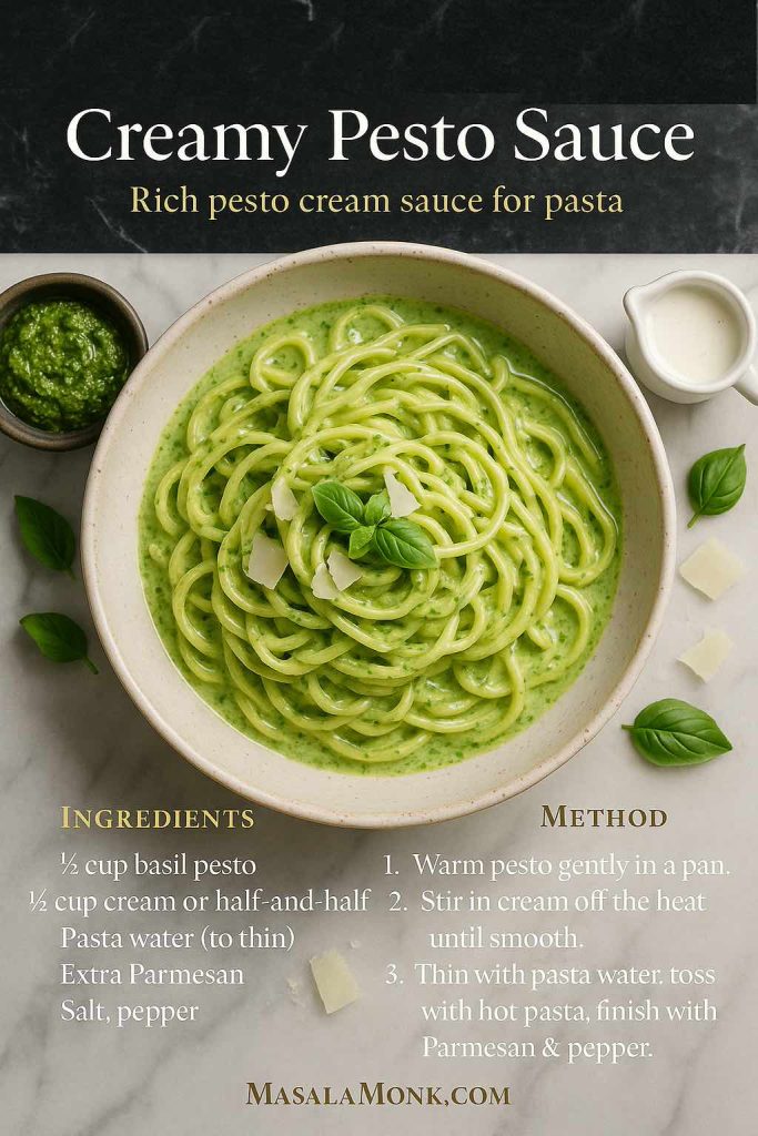 Creamy Pesto Sauce recipe card with a bowl of pasta coated in rich green pesto cream sauce, fresh basil, Parmesan shavings, small bowls of pesto and cream, plus printed ingredients and method – MasalaMonk.