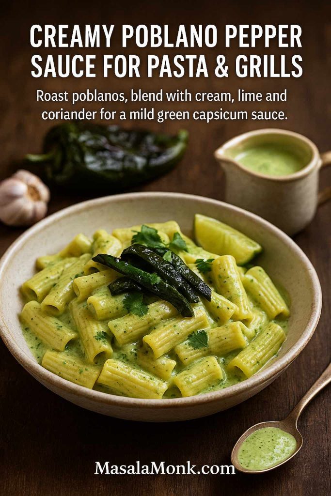Bowl of rigatoni pasta coated in creamy green poblano pepper sauce, topped with roasted poblano strips and coriander, with a small jug of extra poblano sauce and a roasted pepper on a wooden table.