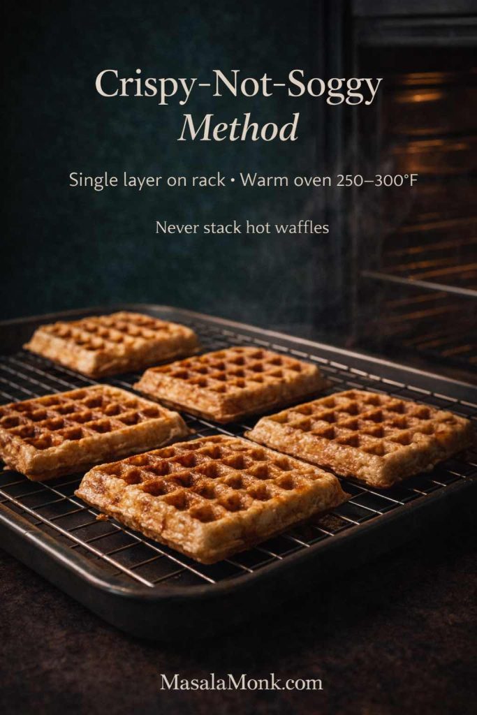 Portrait guide showing freshly cooked waffles cooling in a single layer on a wire rack over a sheet pan with a warm oven in the background, plus text overlay “Crispy-Not-Soggy Method” and tips “Single layer on rack • Warm oven 250–300°F • Never stack hot waffles,” with MasalaMonk.com in the footer.