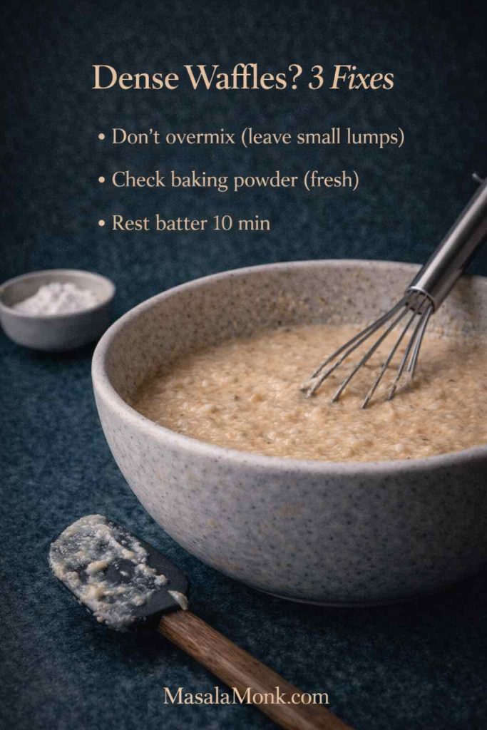 Portrait troubleshooting guide showing a bowl of waffle batter with a whisk, a small dish of baking powder, and a batter-smeared spatula on a dark green surface, with text overlay “Dense Waffles? 3 Fixes” listing don’t overmix, check fresh baking powder, and rest batter 10 minutes, plus MasalaMonk.com in the footer.