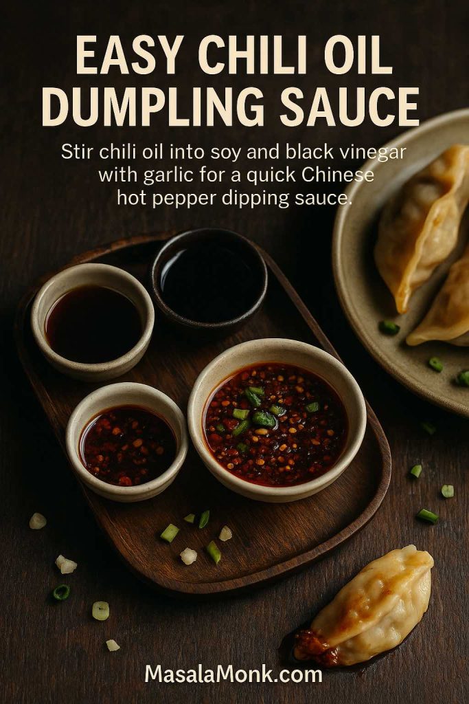 Top-down view of a wooden tray with small bowls of soy sauce, black vinegar, Sichuan chili oil and a mixed chili dumpling dipping sauce beside pan-fried dumplings, with text reading ‘Easy Chili Oil Dumpling Sauce’ and MasalaMonk.com.
