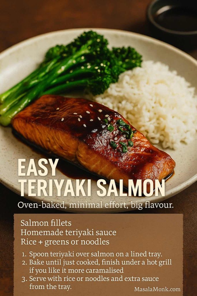 Vertical recipe card showing a plate of oven-baked teriyaki salmon with white rice and broccolini, plus text with simple steps for making easy teriyaki salmon using homemade teriyaki sauce.
