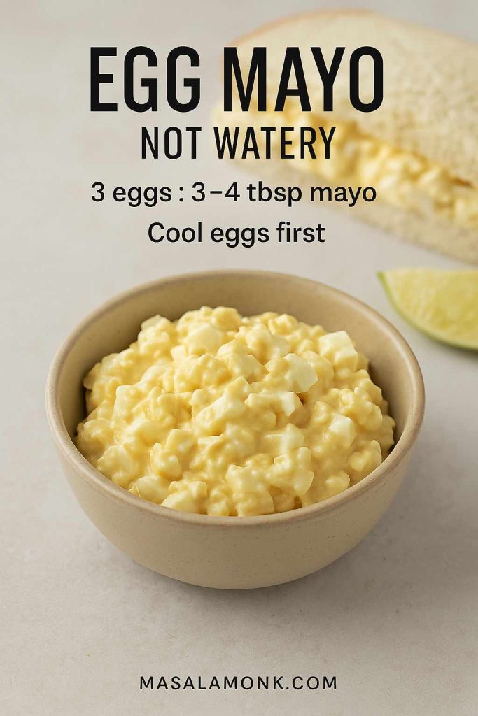 Egg mayonnaise sandwich filling with chopped boiled eggs mixed with mayo, showing the ideal creamy, not-watery texture.