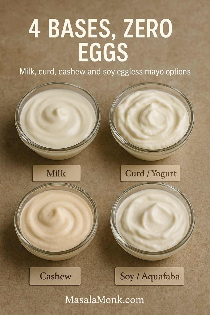 Four small bowls of eggless mayo made with milk, curd or yogurt, cashew and soy or aquafaba, arranged in a grid to show different base options for egg free mayonnaise.