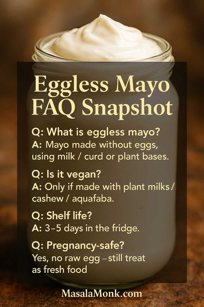 Eggless mayo FAQ snapshot graphic in front of a jar of creamy eggless mayonnaise, listing short answers about what eggless mayo is, whether it is vegan, its shelf life and if it is safe in pregnancy.