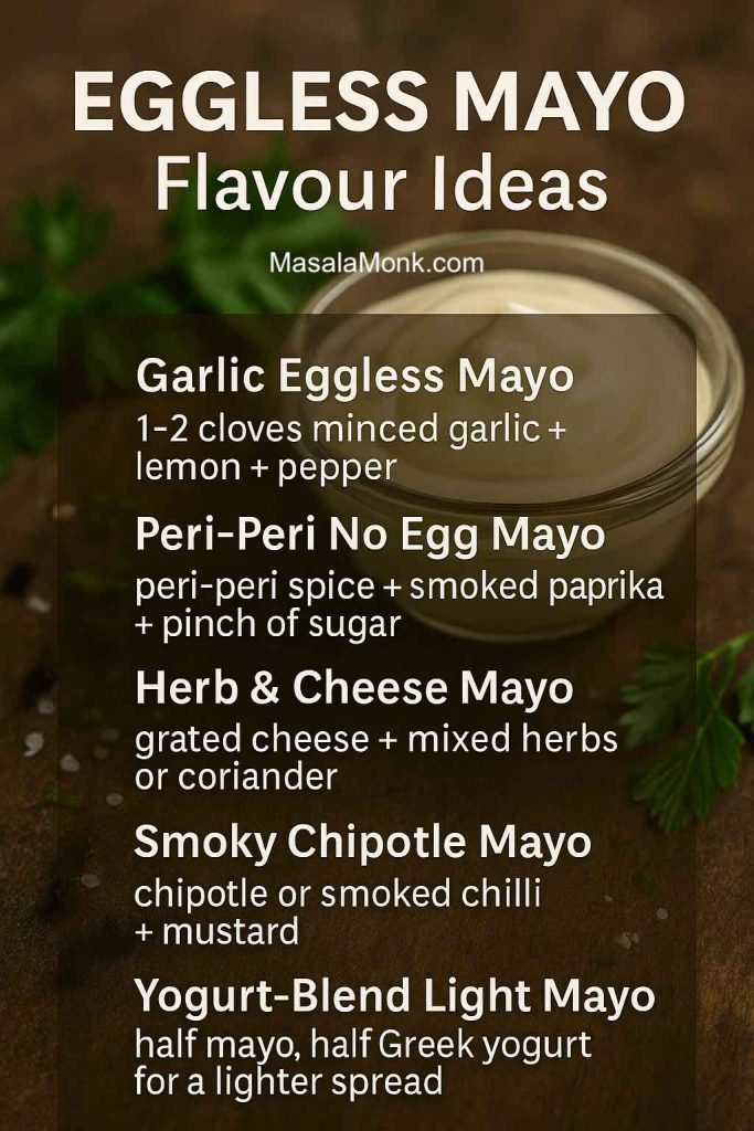Cheat sheet for eggless mayo flavour ideas over a bowl of mayo, listing garlic eggless mayo, peri-peri no egg mayo, herb and cheese mayo, smoky chipotle mayo and a yogurt-blend light mayo.