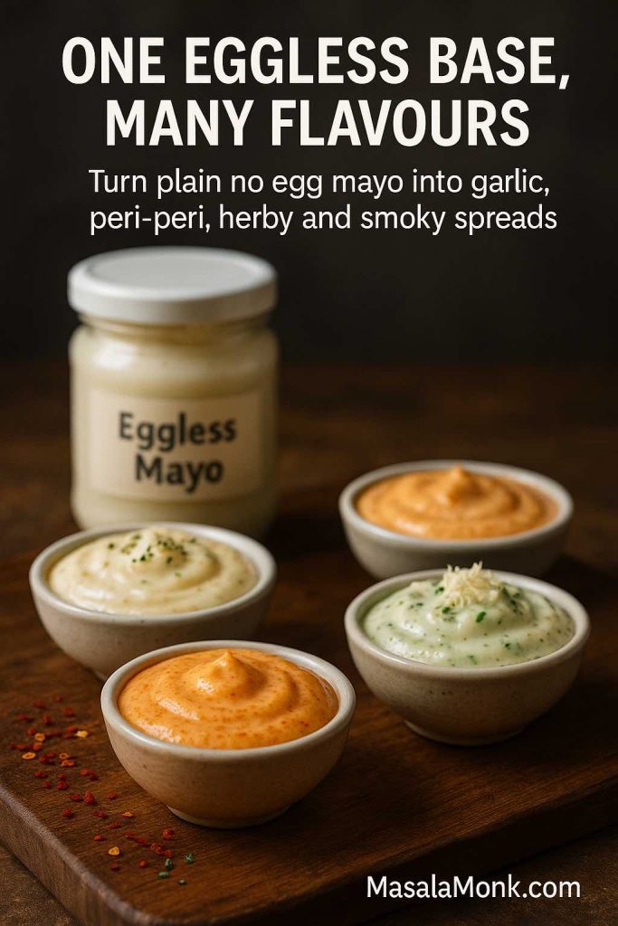 Four small bowls of flavoured eggless mayo—garlic, peri-peri, herby and smoky—arranged on a wooden board with a jar of plain eggless mayo in the background, showing how one egg free mayonnaise base creates multiple flavours.