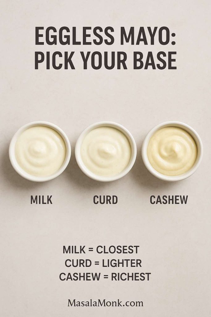Eggless mayonnaise guide showing three veg mayo bases—milk, curd, and cashew—so you can choose the right texture.