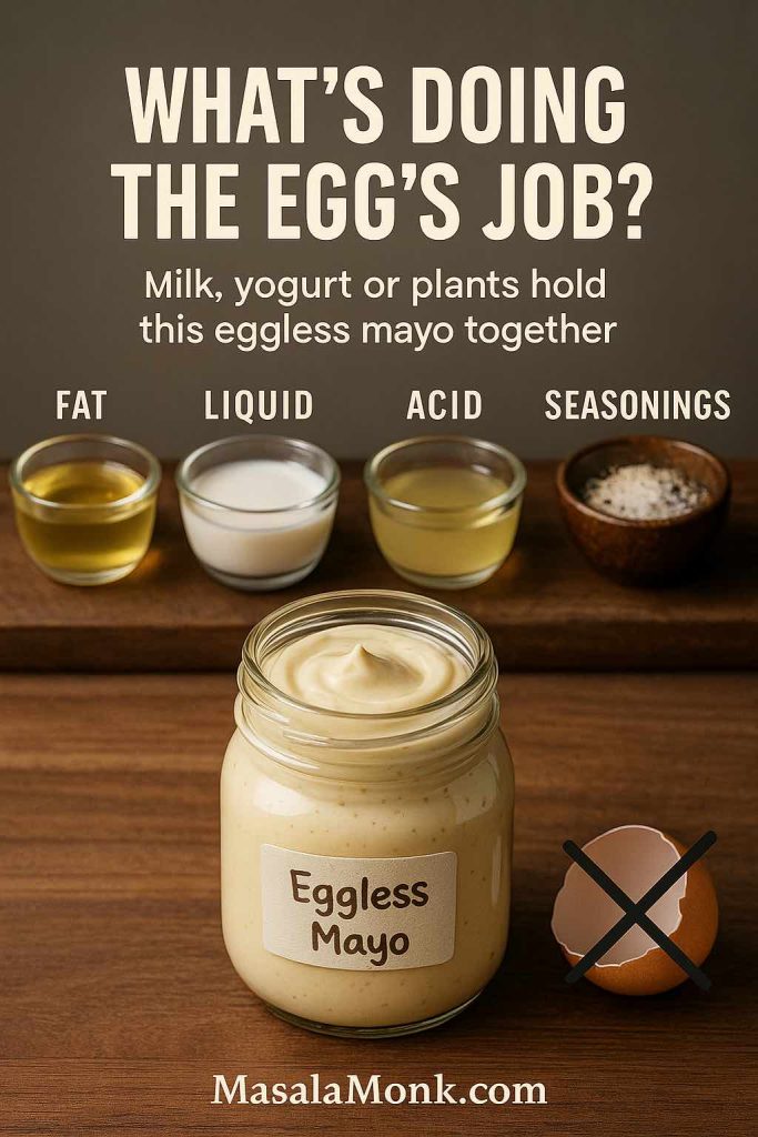 Diagram-style photo showing a jar of eggless mayo with bowls of fat, liquid, acid and seasonings, explaining how an eggless mayonnaise recipe works without eggs.