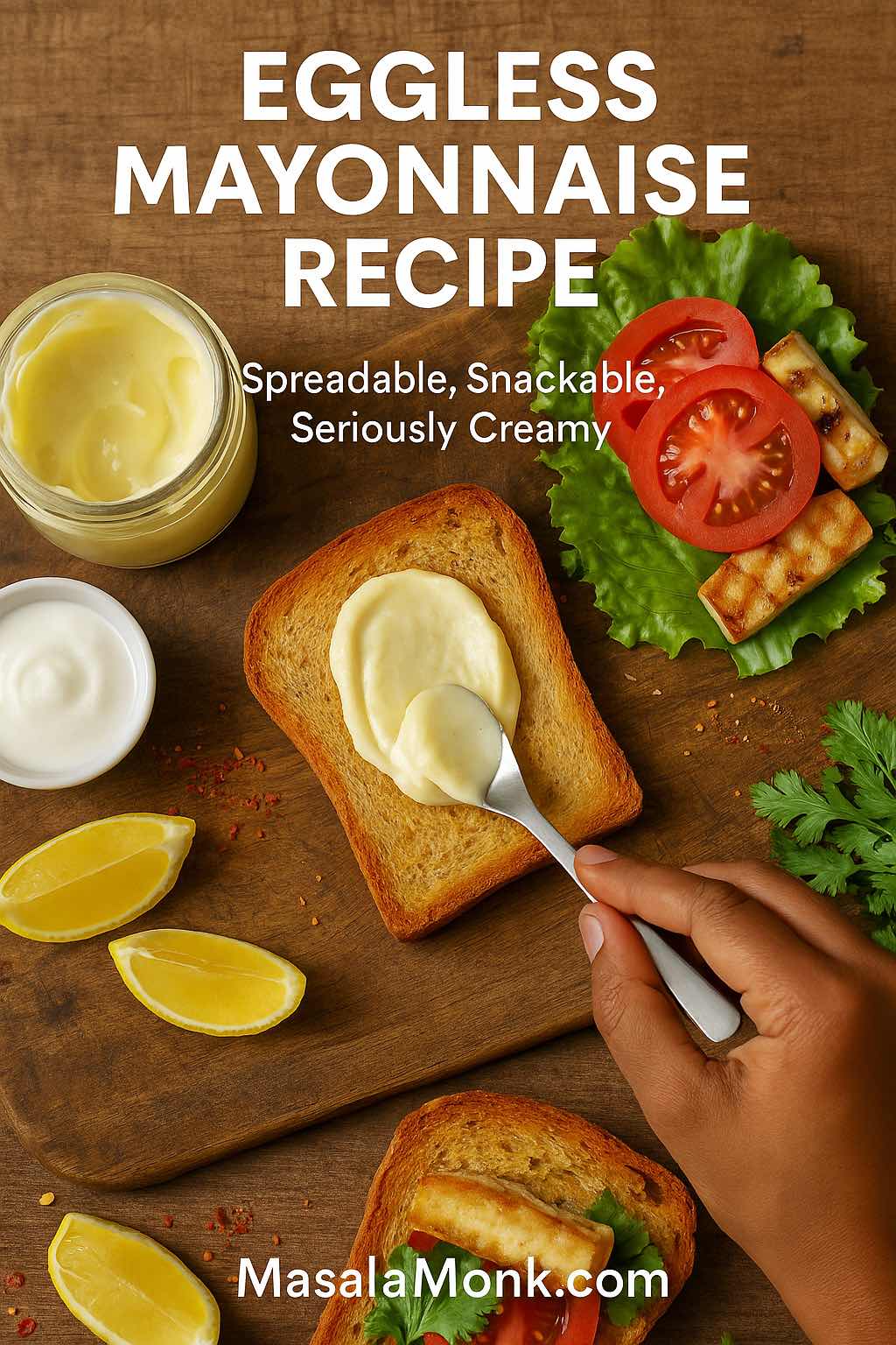 Overhead view of a hand spreading thick eggless mayonnaise on toasted bread beside lettuce, tomato slices, grilled paneer, lemon wedges and a jar of mayo on a wooden board, cover image for eggless mayonnaise recipe on MasalaMonk