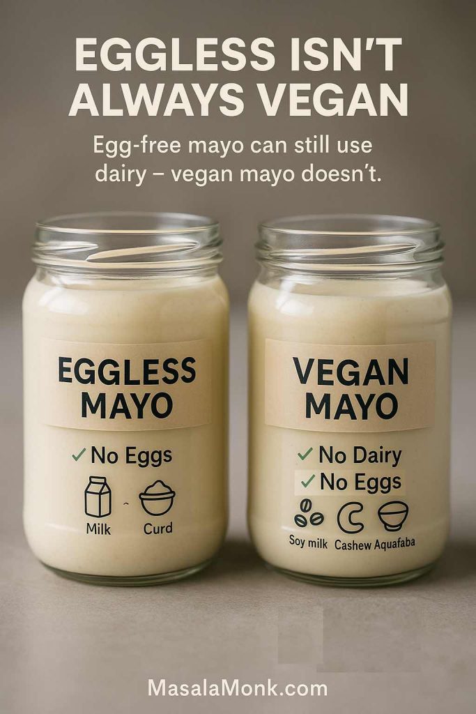 Side-by-side jars labelled eggless mayo and vegan mayo, showing that eggless mayonnaise is egg free but can contain milk or curd, while vegan mayo is both egg free and dairy free.