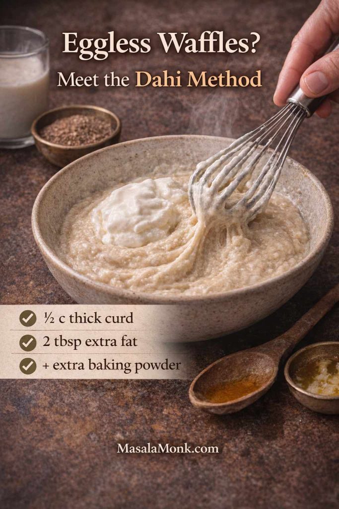 Eggless waffle batter made with thick dahi (curd) being whisked in a bowl, showing the “dahi method” for a waffle recipe without egg.