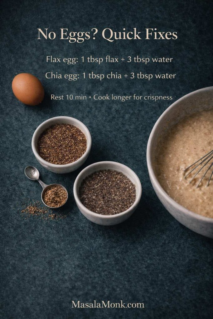 Portrait guide for eggless waffles without milk showing an egg beside bowls of ground flaxseed and chia seeds with measuring spoons and a bowl of waffle batter, with text overlay “No Eggs? Quick Fixes” plus flax egg and chia egg ratios, and MasalaMonk.com in the footer.