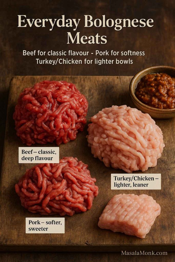 Portrait flat-lay showing three types of mince for bolognese on a wooden board: ground beef, ground pork and ground turkey or chicken, each labeled to highlight how they change the flavour and richness of the sauce.