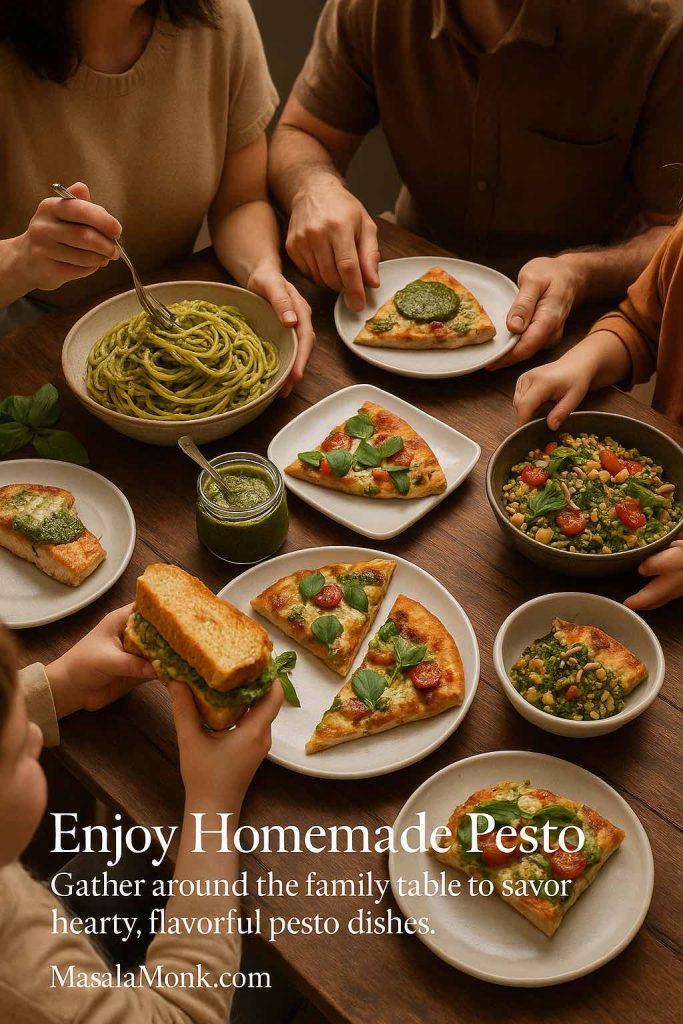 Family gathered around a wooden table sharing homemade pesto dishes including pesto pasta, pesto pizza, pesto sandwiches and a grain salad, with a jar of basil pesto in the centre – MasalaMonk.