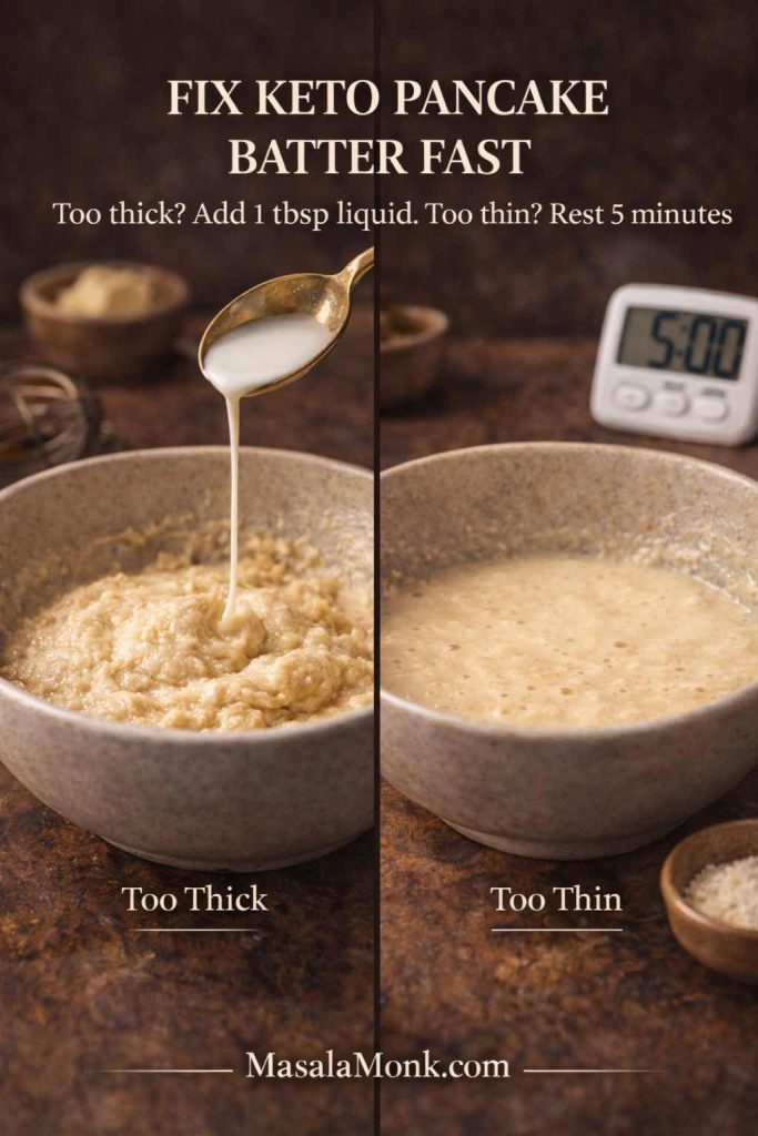 Split image showing keto pancake batter that is too thick versus too thin, with tips to add 1 tablespoon liquid or rest 5 minutes for the right low carb pancake batter consistency.