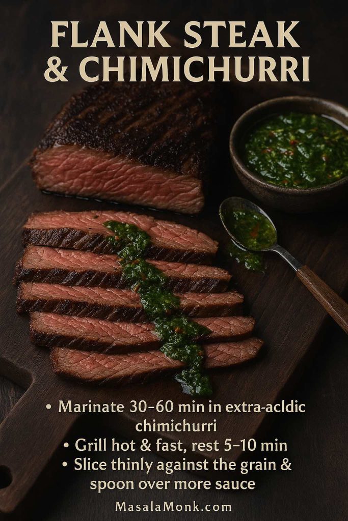 Portrait recipe card showing a grilled flank steak on a wooden board, sliced thinly against the grain with green chimichurri sauce spooned over the slices, a small bowl of chimichurri on the side and text explaining how to marinate and serve flank steak with chimichurri.
