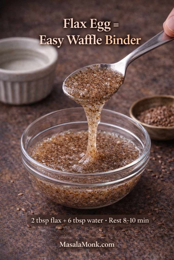 Spoon lifting gelled flax egg (ground flaxseed + water) from a glass bowl with ratio text overlay—easy binder for eggless waffle batter; MasalaMonk.com footer.