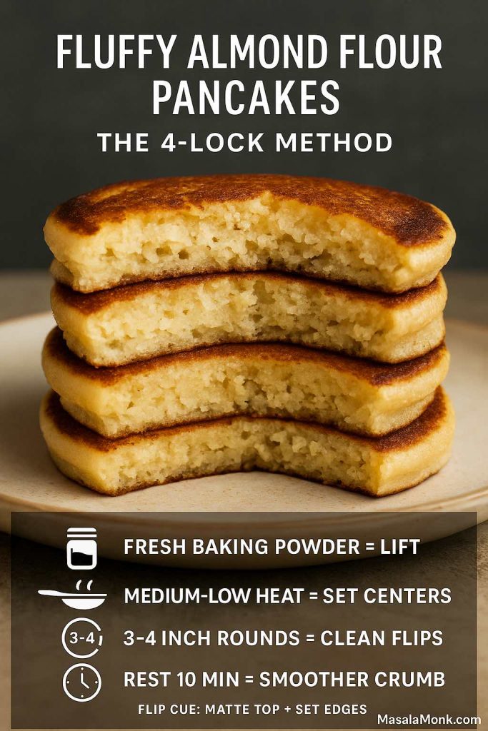Fluffy almond flour pancakes with a cut-open crumb photo and a quick guide for lift, heat, pancake size, and resting batter.