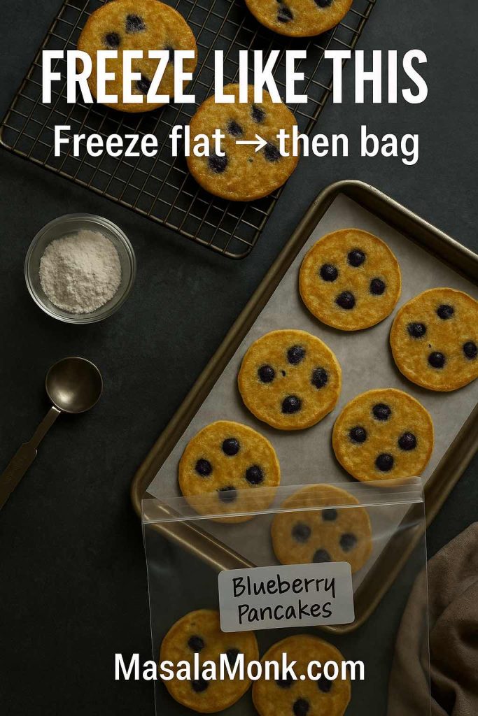 Portrait top-down photo showing blueberry pancakes cooling on a rack and freezing on a parchment-lined tray with a labeled freezer bag, featuring text overlay “Freeze Like This” and “Freeze flat → then bag,” with MasalaMonk.com in the footer.