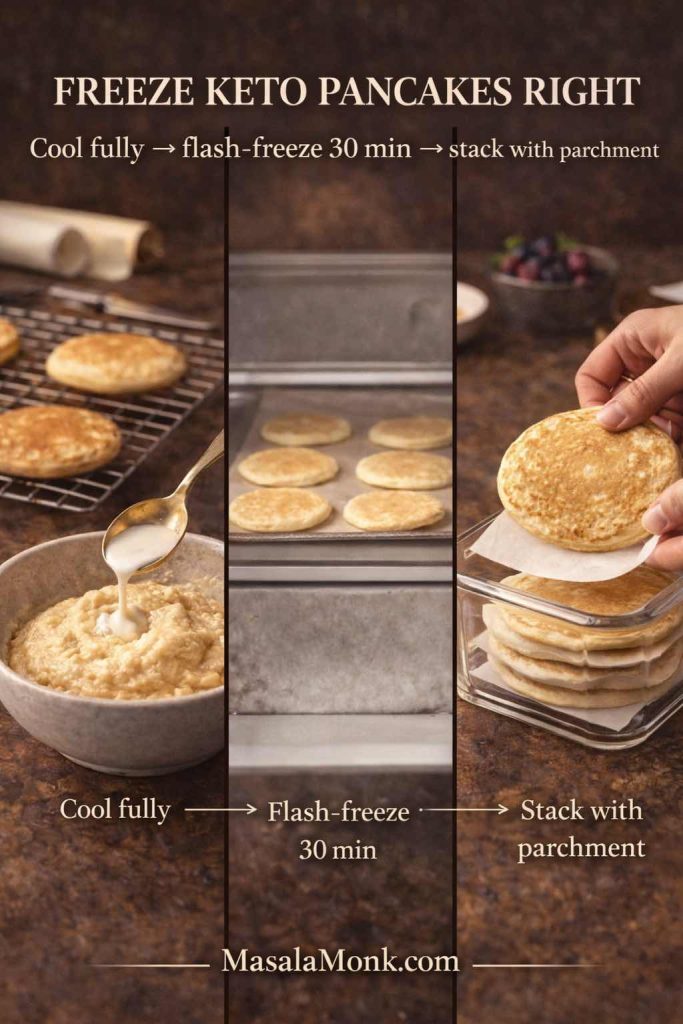 Step-by-step photo showing how to freeze keto pancakes: cool fully on a rack, flash-freeze on a tray for 30 minutes, then stack with parchment in a container for easy reheating.