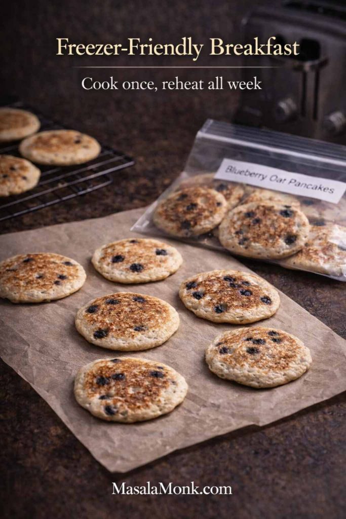 Oat pancakes cooling on parchment and a wire rack with a labeled freezer bag in the background, with text “Freezer-Friendly Breakfast—Cook once, reheat all week.”