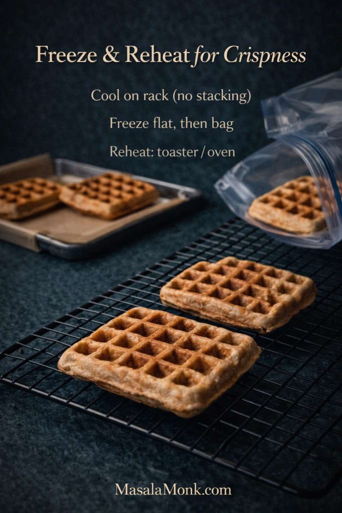 Portrait guide showing waffles cooling on a wire rack with a tray and freezer bag nearby, with text overlay “Freeze & Reheat for Crispness” and steps “Cool on rack (no stacking) • Freeze flat, then bag • Reheat: toaster/oven,” plus MasalaMonk.com in the footer.