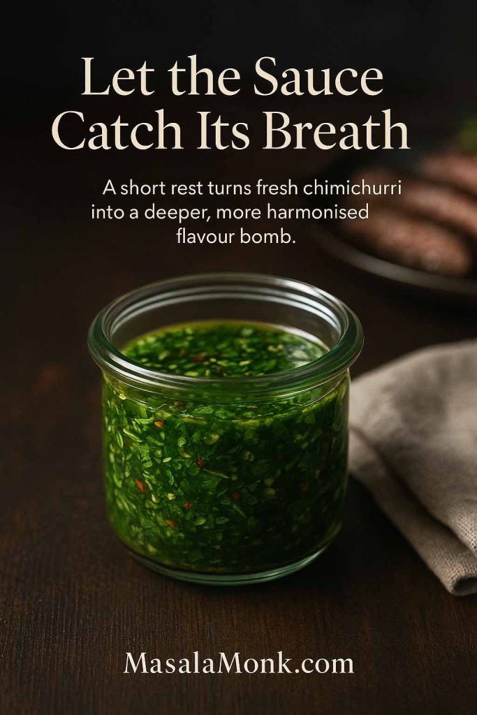 Glass jar filled with fresh homemade chimichurri sauce resting on a dark wooden table, vibrant green herbs and chili suspended in olive oil with a napkin beside it.