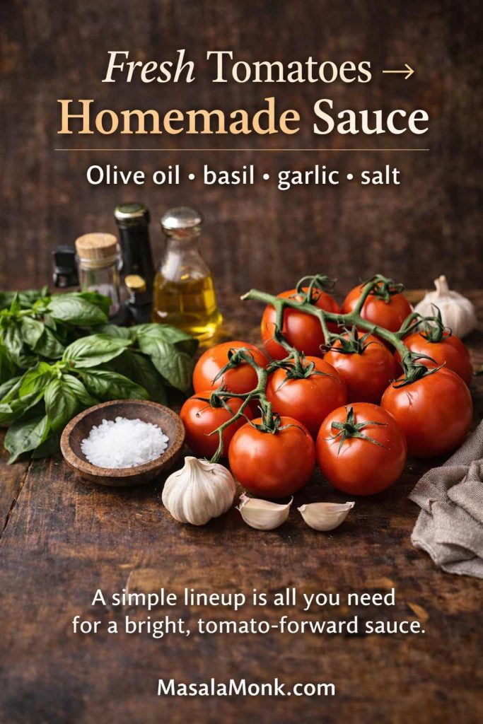 Fresh tomatoes, basil, garlic, olive oil, and salt arranged for making tomato sauce from fresh tomatoes.