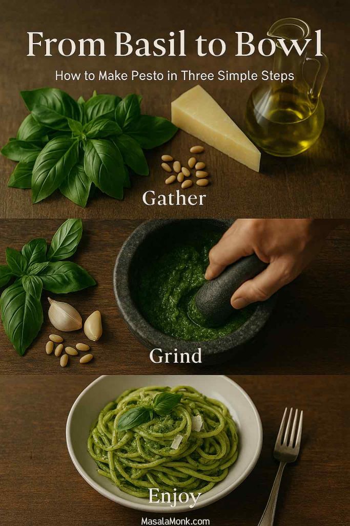 Vertical collage showing basil, pine nuts and Parmesan, then pesto being ground in a mortar, and finally a plate of pesto pasta with the words Gather, Grind and Enjoy.