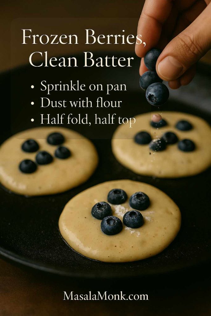 Frozen blueberries being sprinkled onto pancake batter on a skillet, showing methods to prevent purple batter when making frozen blueberry pancakes.