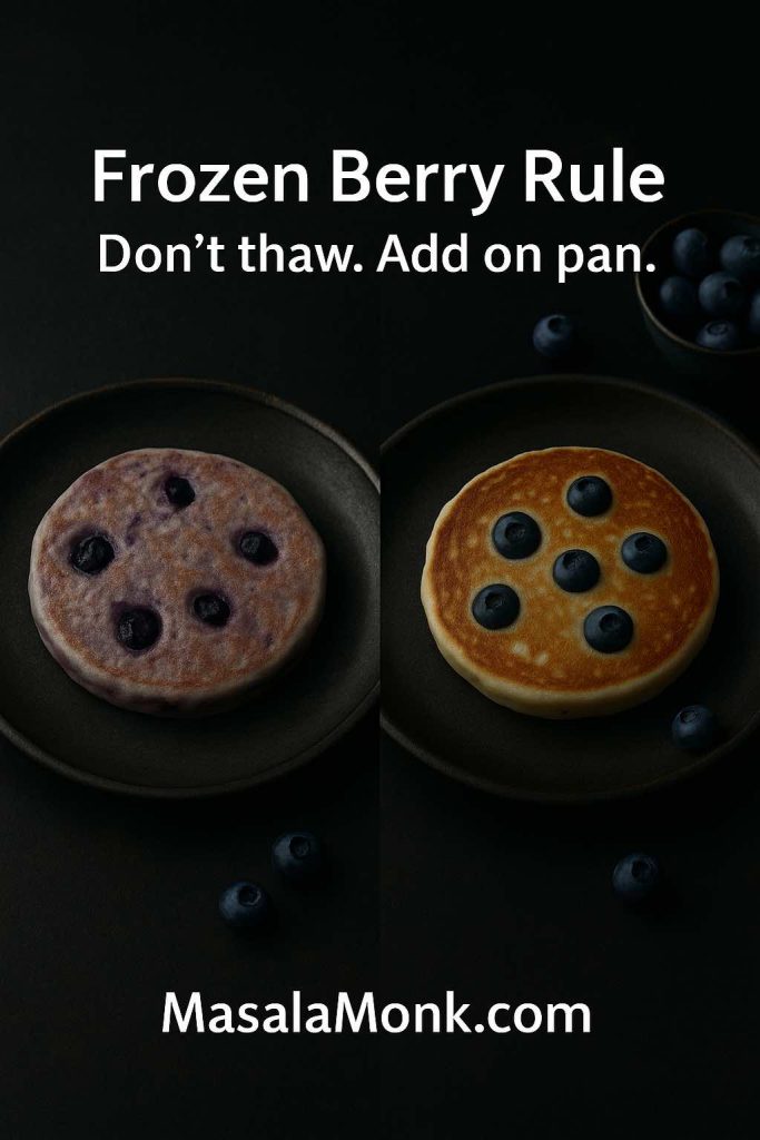 Portrait comparison image showing two blueberry pancakes side by side—one made with thawed frozen blueberries that stains the batter purple and one with frozen blueberries added on the pan—featuring text overlay “Frozen Berry Rule: Don’t thaw. Add on pan.” and MasalaMonk.com in the footer.