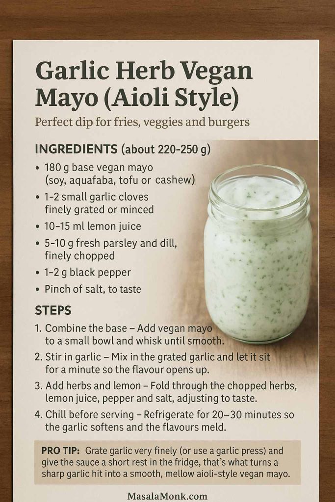 A garlic herb vegan mayo recipe card in an aioli style, showing a jar of creamy herb-speckled mayo with ingredients, simple steps and a tip about grating the garlic finely and chilling the sauce so the flavour turns mellow.