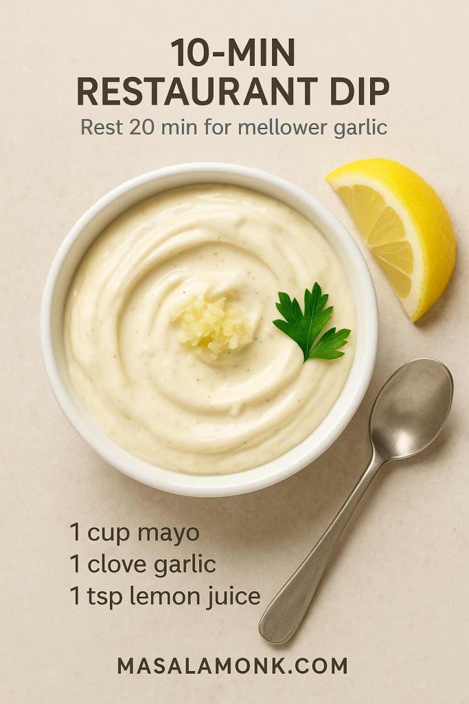 Garlic mayo recipe card showing mayonnaise with garlic, lemon juice, and resting tip for a smoother, mellower dip.