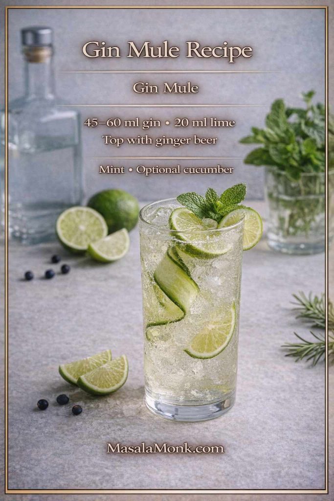Gin mule recipe: build 45–60 ml gin and 20 ml fresh lime over plenty of ice, top with chilled ginger beer, then finish with mint and a cucumber ribbon for a mule that tastes extra bright, botanical, and refreshing.