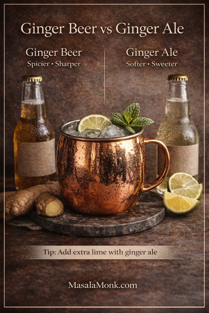 Ginger beer vs ginger ale comparison for a Moscow Mule recipe, showing a copper mule mug with lime and mint alongside bottles of ginger beer and ginger ale, plus a tip to add extra lime when using ginger ale.