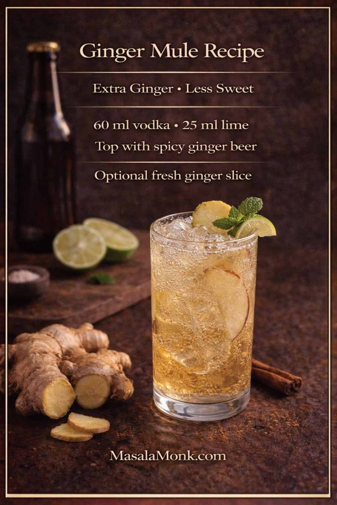Ginger Mule recipe card showing a tall mule-style cocktail with ice, lime and mint plus fresh ginger root, with text for an extra-ginger, less-sweet mule (60 ml vodka, 25 ml lime, top with spicy ginger beer) and MasalaMonk.com branding.